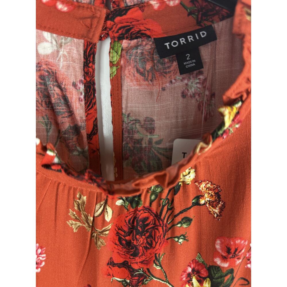 NWT Torrid Rayon Slub Mock Neck Flutter Sleeve Top Floral Orange Plus Size 2 2X - Picture 7 of 12